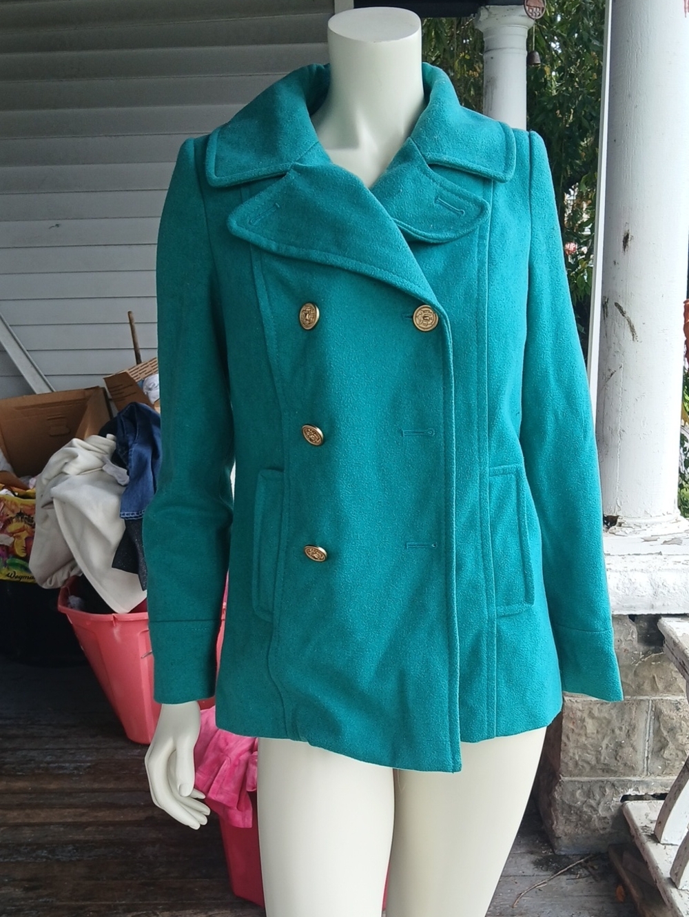 Womens Teal Double-Breasted Wool Blend Peacoat